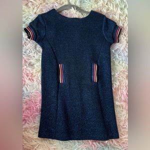 Blue kids dress with colorful striping detail with fake pockets. SIZE 3